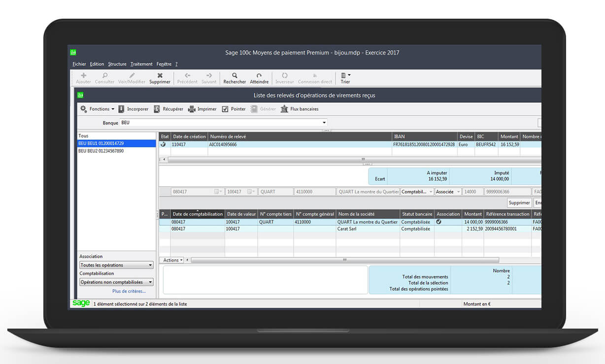 Liste des relevés d'opérations de virement reçus - Sage 100cloud Moyens de paiement