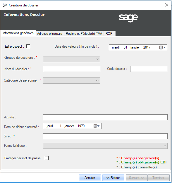 2. Création d'un dossier client via l'Assistant :  L'assistant vous permet de renseigner les informations obligatoires et/ou conseillées du Dossier Permanent directement.  • Sur la page d'accueil, aller dans le menu Fichier srcset=